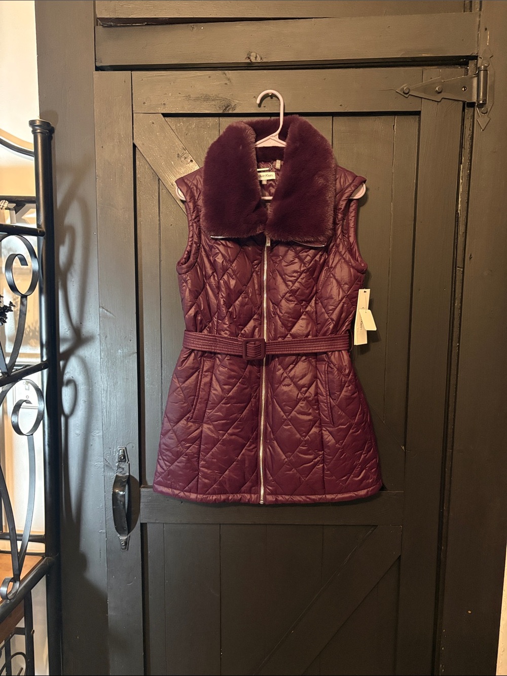 Calvin Klein Quilted Sleeveless Belted Vest in Plum